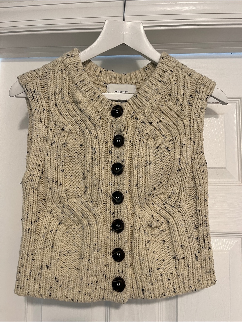 H&M Cream Speckled Cable-Knit Button Vest with Black Buttons